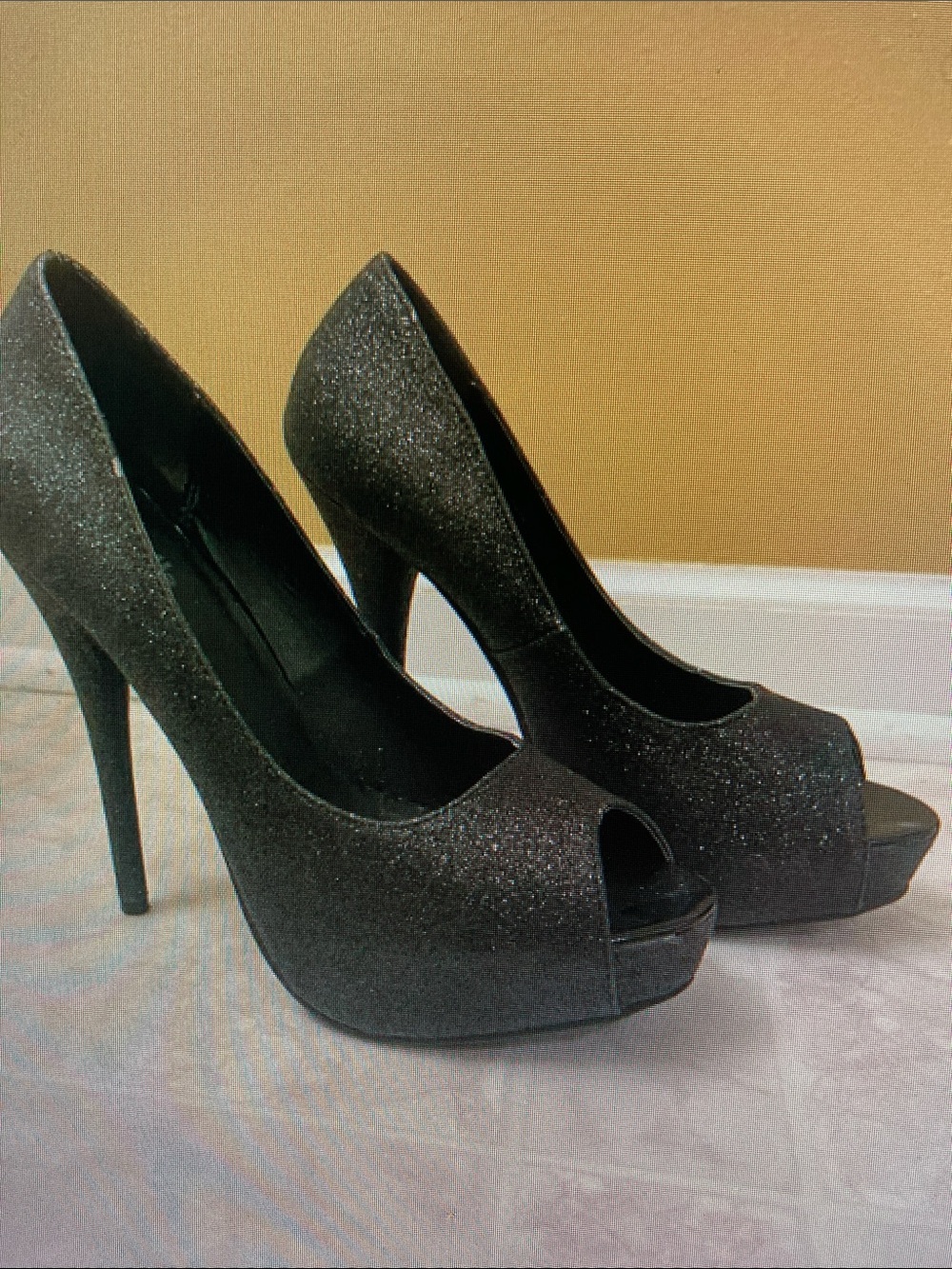 Women's Black Glitter Peep-Toe Platform Stilettos